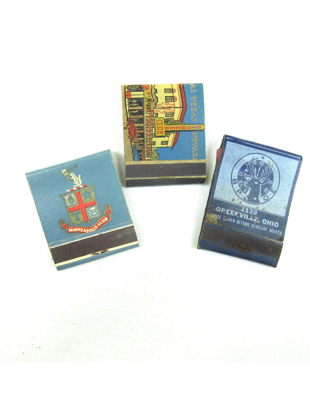 3 Vintage Matchbooks Minneapolis Club, Pioneer Club Las Vegas & BPOE Elks Lodge